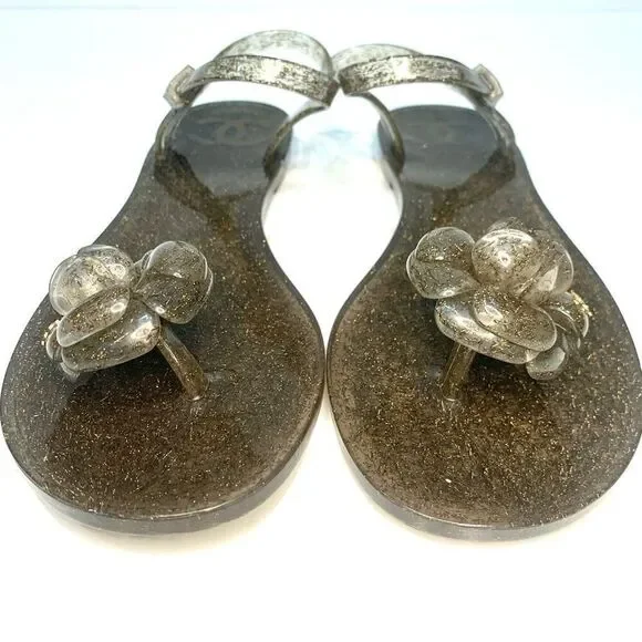 Chanel Camellia Flower Gold Jelly Interlocking CC Sandal EU 41 US 10-10.5 Flats - Picture 3 of 10